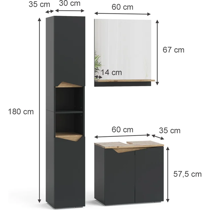 Badmöbel-Set Marelle Anthrazit 3 Teile, mit Hochschrank Vicco – Bild 3