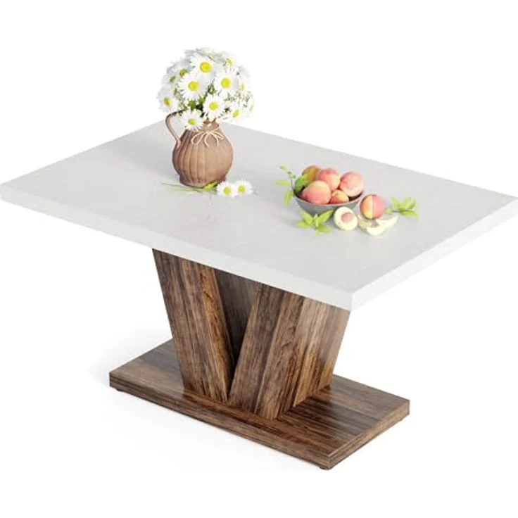 LITTLE TREE 47 Zoll Esstisch für 4 Personen, moderner Esszimmertische, weißer rechteckiger Küchentisch mit rustikalem, braunem V-förmigem Sockel, Esstisch aus Holz für Esszimmer, Küche, Wohnzimmer – Bild 9