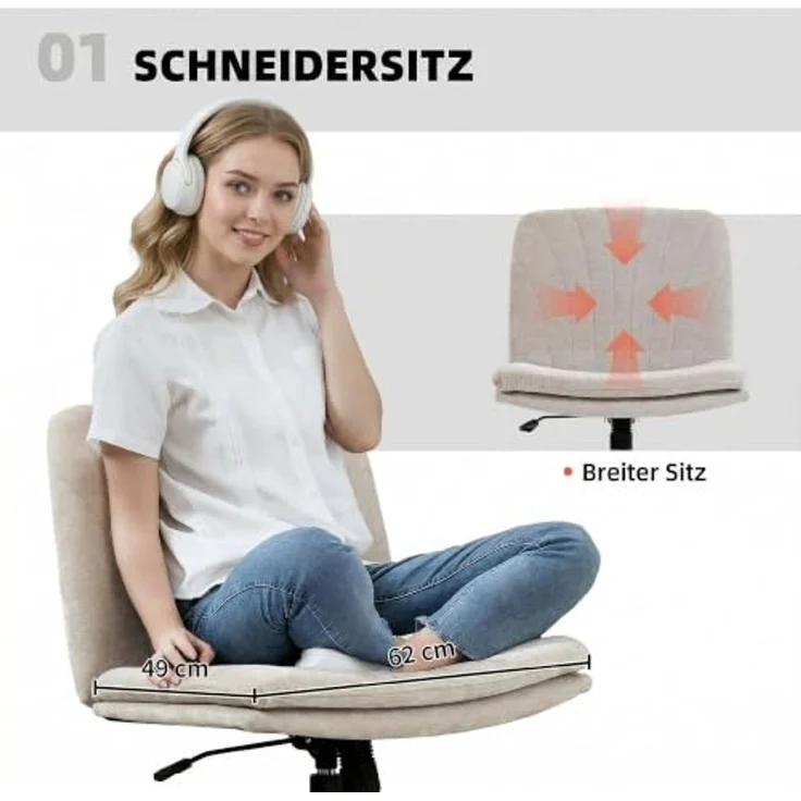 HOMCOM Homeoffice Stuhl Höhenverstellbar Drehstuhl Bürostuhl Beige | Schreibtischstuhl, Leinenoptik, Schneidersitz-Stuhl, Wippfunktion, Breiter Sitz, Rollen, Schminkstuhl, Schlafzimmer – Bild 4