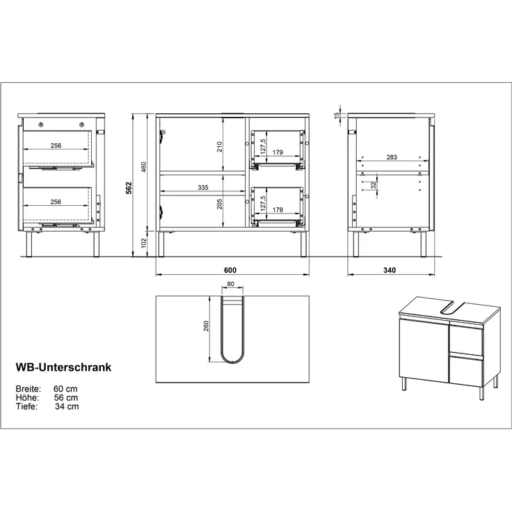 Germania Waschbeckenunterschrank 4330-559 GW-Torrance, in Weiß/Eiche, mit Siphonausschnitt, 60 x 56 x 34 cm (BxHxT) – Bild 10