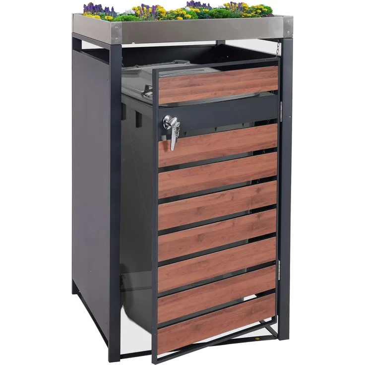 1er Mülltonnenverkleidung mit Pflanzkasten HWC-J81, erweiterbar, 125x68x80cm Metall 31kg, anthrazit ~ Kirsche-Holzoptik