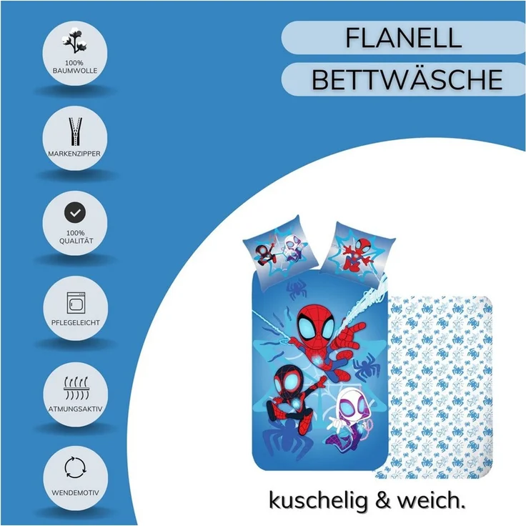 MTOnlinehandel Kinderbettwäsche Spidey & Friends "Helden der Nacht", Geschenkidee, 100% Baumwolle, 2 teilig, Winterbettwäsche kuschelig und weich für Jungen und Mädchen – Bild 4