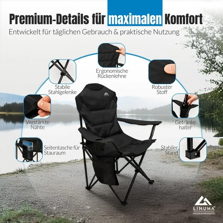 LINUMA Campingstuhl faltbar mit extra großem Getränkehalter, stabiler Klappstuhl schwarz (1 St), Faltbarer Campingstuhl mit XL-Getränkehalter für Festival & Outdoor – Bild 2