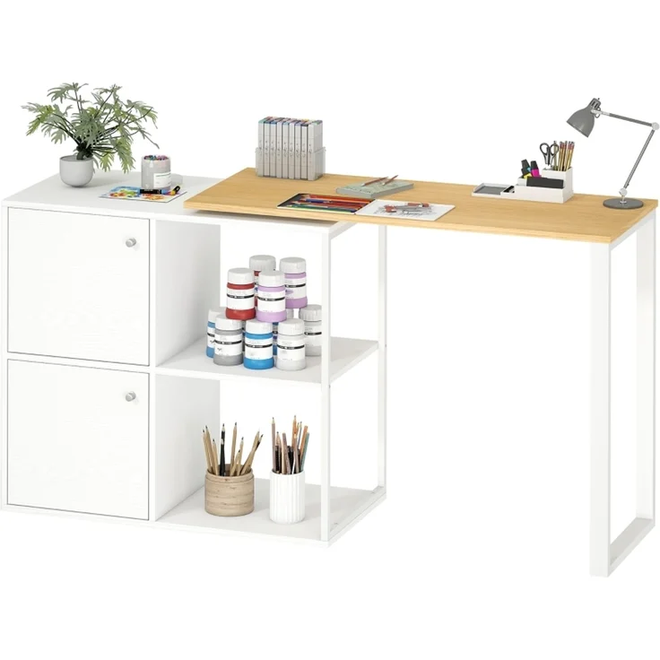 Schreibtisch drehbar, 105 x 85 x 75 / 150 x 40 x 75 / 100 x 40 x 75 cm, Weiß mit Naturholzoptik und Stauraum – Bild 4