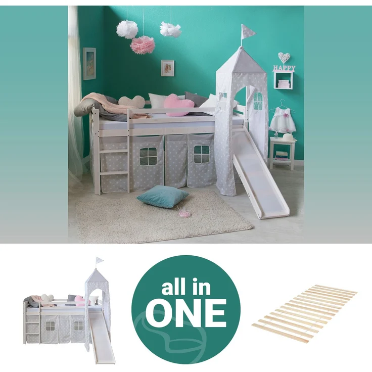 Hochbett mit Lattenrost 90x200 Turm Rutsche Stockbett Kinderbett Holz Kiefer Vorhang grau Sterne – Bild 1