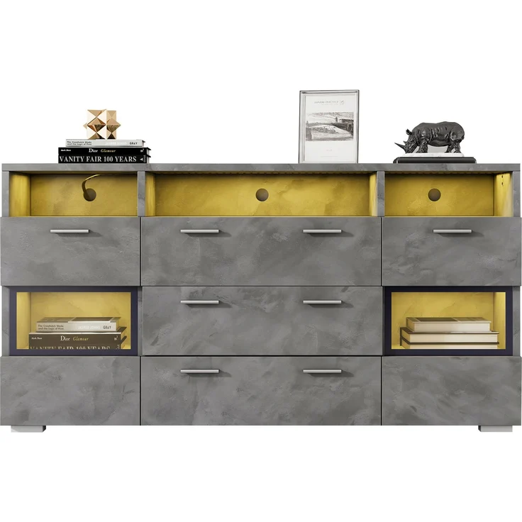 DESVIAE Sideboard mit LED-Beleuchtung, 2 Türen und 3 Schubladen, 140x72,5x33,5 cm, Spanplatte, Grau – Bild 7