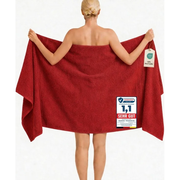 Komfortec Badetuch 100x200 cm aus 100% Baumwolle, Saunatuch XXL, Weich, Groß, Frottee, Schnelltrocknend, Rot – Bild 1