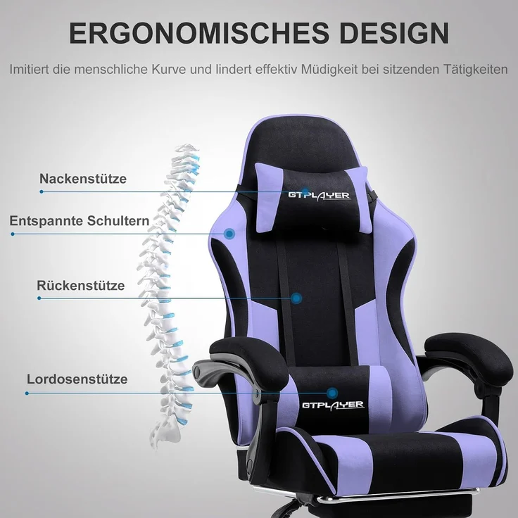 GTPLAYER Gaming Stuhl Stoff, Bürostuhl Massage Gaming Sessel Ergonomischer Gamer Stuhl mit Fußstütze, Kopfstütze Massage-Lendenkissen, Gepolstert Gaming Chair, Drehsessel, lila – Bild 2