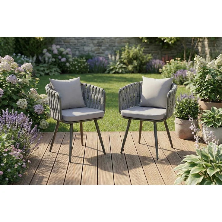KAWOLA Gartenstuhl LUSHA Outdoor grau Rope hellgrau mit Kissen 78 x 63 x 62 cm – Bild 6