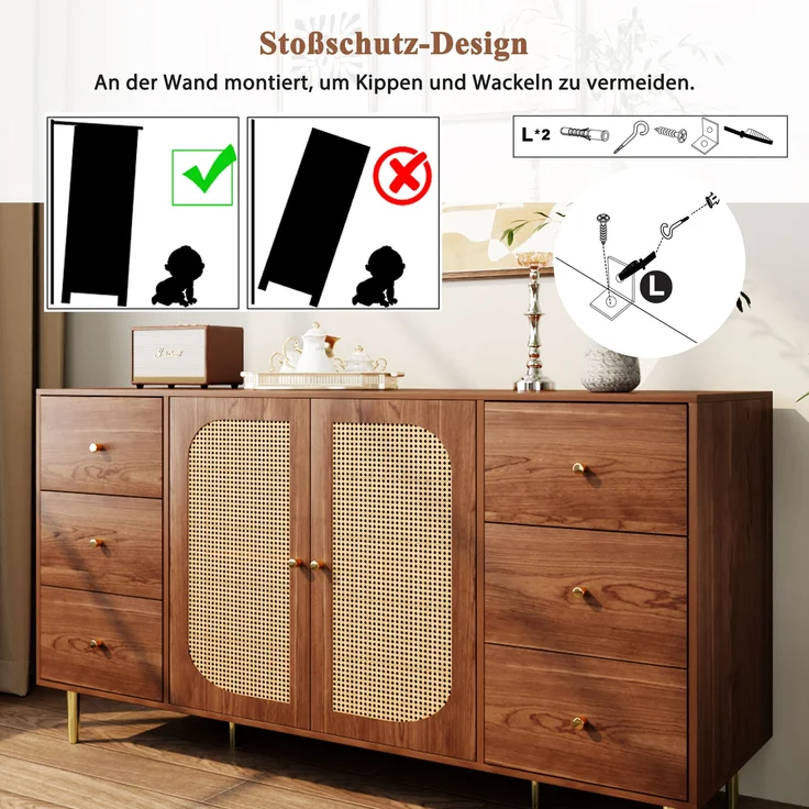 Sideboard Holzoptik, 160x40x90 cm mit Rattantüren & 6 Schubladen – Bild 5