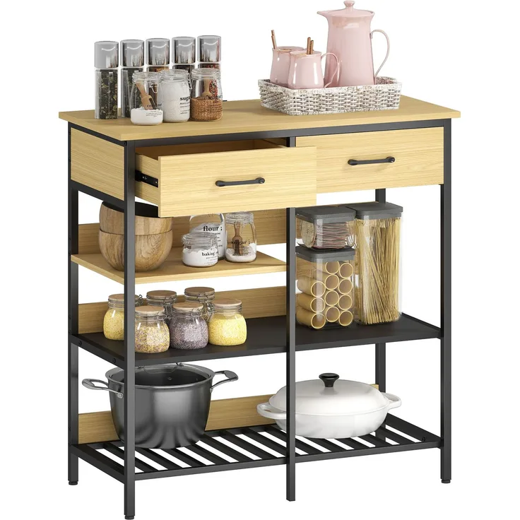MELAYR, Sideboard, Kommode mit 2 Schubladen, 3 offenen Regalen Küchenschrankfür Küche, 90 x 40 x 91 cm, Naturholz