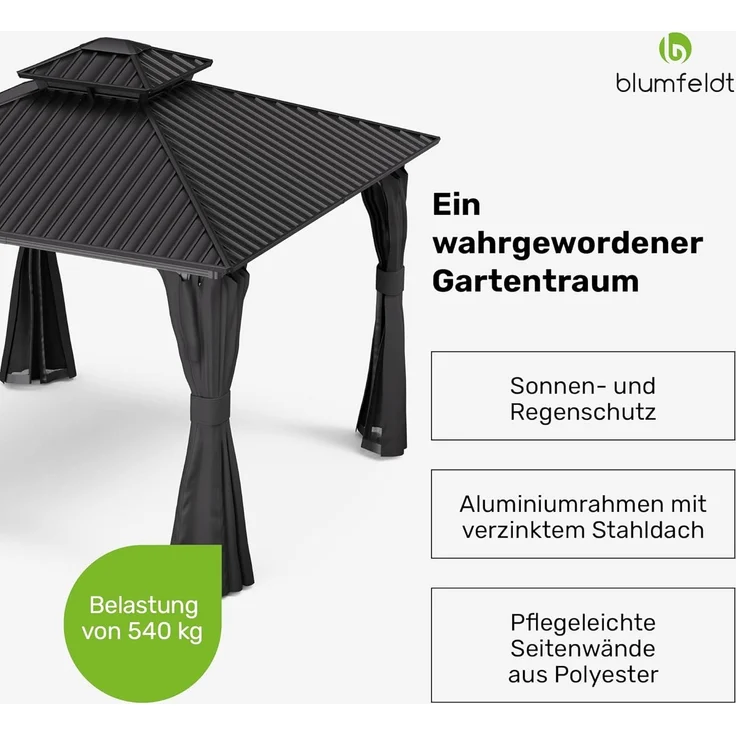 Blumfeldt Pavillon 3x3, Gartenpavillon Wasserdicht Stabil, Aluminiumrahmen & Verzinktes Stahldach, Inkl. Vorhänge & Moskitonetz, UV-Schutz, Wetterfest, Schwarz – Bild 2