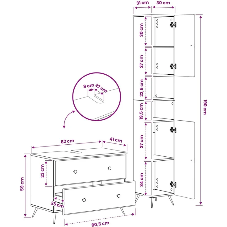 vidaXL 2-teiliges Badezimmer Schrank Set BREDA Betongrau Holzwerkstoff 3417561 – Bild 8