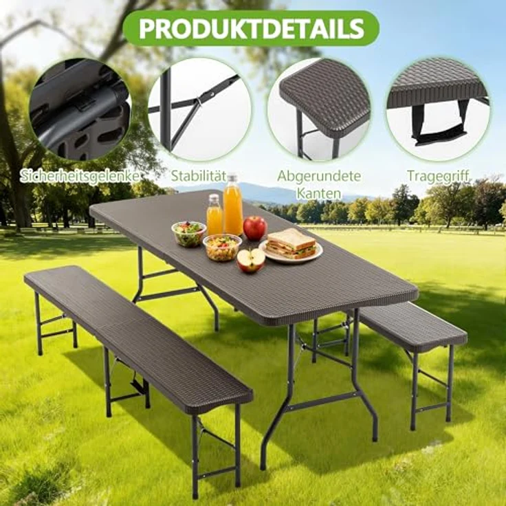 Ball & Cast Bierzeltgarnitur 3-teilig Klappbar, Biertisch Klapptisch mit 2 Sitzbänken, 180 cm Gartenmöbel Set für Innen und Außen, Braun – Bild 5