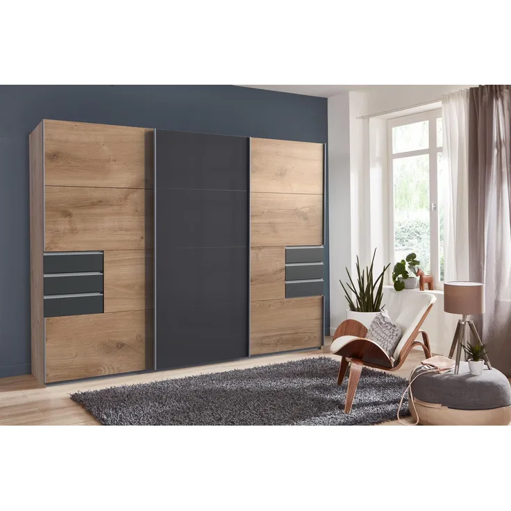 Schwebetürenschrank >Susanetta< in Plankeneiche Graphit - 270x210x64cm (BxHxT)