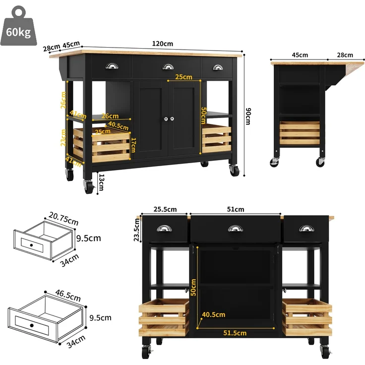 Kücheninsel 120 cm Schwarz & Natur, Küchenwagen mit klappbaren Seiten 73 cm, multifunktionaler mit Schublade und verstellbaren Ebenen – Bild 6