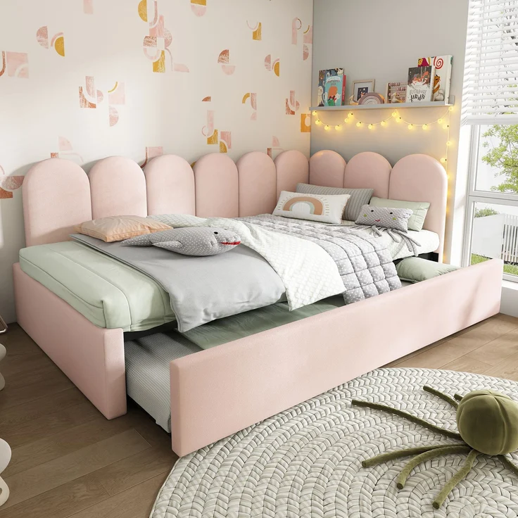 Polsterbett Ausziehbett 90/200 cm mit Gästebett 90/190 cm, Samt in Rosa, ohne Matratze – Bild 3