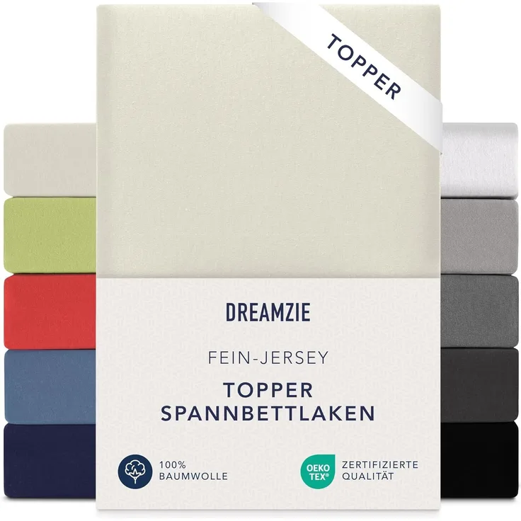 Dreamzie Premium Topper Spannbettlaken 140x200 cm - 160x200 cm - extra niedriger Seitenhöhe - für Boxspringbett - Topperauflage - Spannbetttuch Jersey Baumwolle, 150 g/m² - Oeko-TEX - Beige