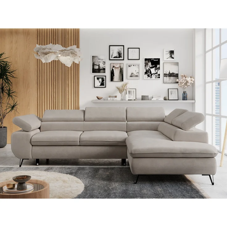 Mks Möbel 'Peter L-form' Ecksofa mit Bettfunktion, Bettkasten & einstellbaren Kopfstützen, Beige, Mikrofaser, mit Topper, rechts