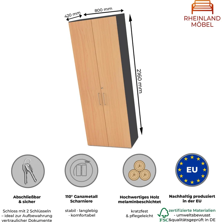 Rheinland Möbel Flügeltürenschrank Cabino 80×42×216 cm – abschließbarer Aktenschrank 6OH in Graphit/Buche mit 110° Drehtüren & Metallgriff – Bild 2