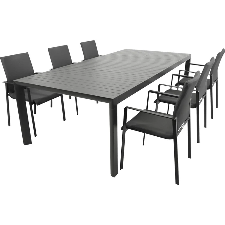 DEGAMO LAGOS Gartengarnitur, Aluminium, anthrazit, 7-teilig (6x Stapelsessel, 1x Ausziehtisch 195/255x120cm) – Bild 1