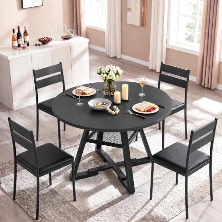 Jocoevol Esstisch Runder für 2 Personen, Esszimmertisch mit Ablage, platzsparender Küchentisch aus Holz im Industrial Design (Schwarz, 80x80x76cm) – Bild 7