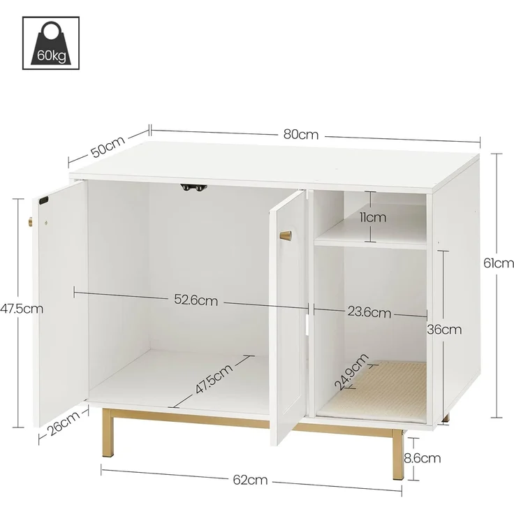 Katzenschrank, mit Tür und separater Trennwand, Spanplatte, Stahl, Weiß und Gold, 50 x 80 x 61 cm – Bild 7