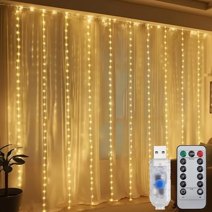 Salcar LED-Lichterkette, 8 Modi, Vorhang Innen&Außen, 300 LED, Kupferdraht Warmweiß, 3x3 m