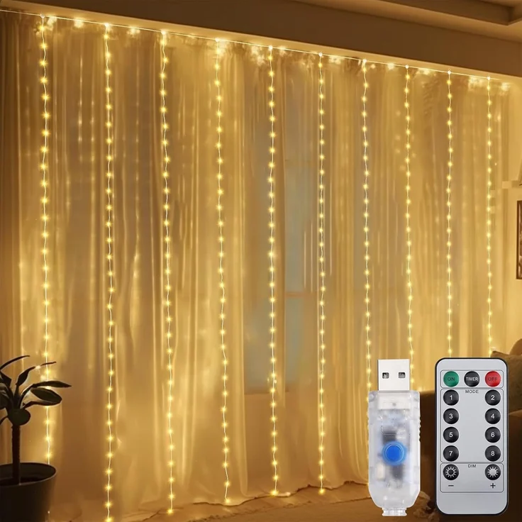 Salcar LED-Lichterkette, 8 Modi, Vorhang Innen&Außen, 300 LED, Kupferdraht Warmweiß, 3x3 m – Bild 1