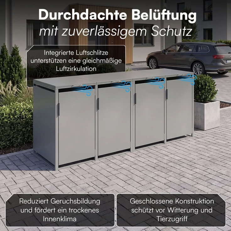 STEELSØN 'Thoria' Mülltonnenbox 4er je 240 Liter, grau, Mülltonnenverkleidung aus Stahl, wetterfest, 116x80x268 cm, Müllbox für 4 Tonnen – Bild 7