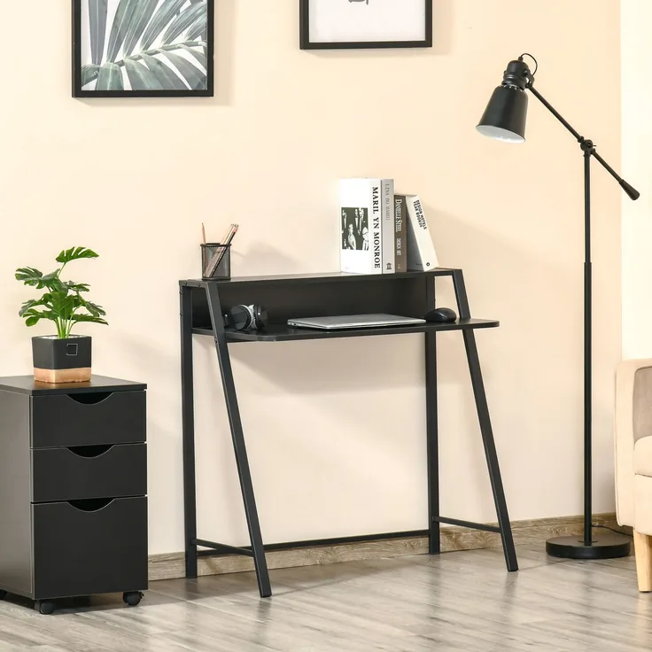 Schreibtisch aus MDF mit Ablage und Kabeldurchlass, 84x45x85 cm, Schwarz