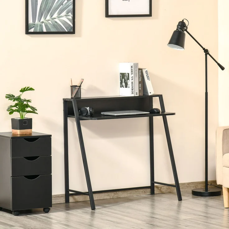 Schreibtisch aus MDF mit Ablage und Kabeldurchlass, 84x45x85 cm, Schwarz – Bild 1