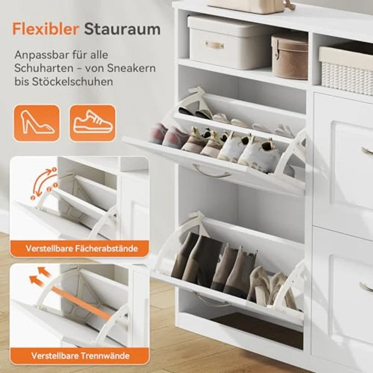 Sweetcrispy Schuhschrank mit 4 Klappen, schmaler Schuhkipper mit offenen Ablagefächern, verstellbare Trennwände, platzsparend für Flur/Diele/Eingang, 104 x 90 x 24 cm, Weiß – Bild 5