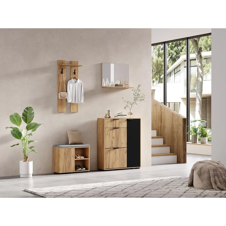 Flur-Garderoben-Set, Wandgarderobe; Garderoben-Set mit Schuhbank und Schuhschrank, 1 Spiegel, 1 Schublade, 2 Haken, 4 Türen, naturfarben und black, B140× T35 × H139 cm--Natürlich--140x35x139cm--YOUDENOVA – Bild 9