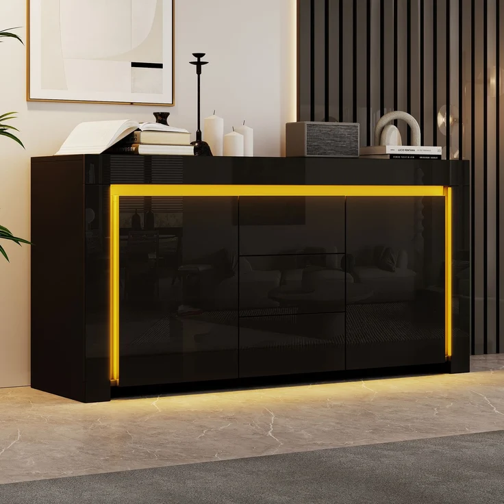 Merax 140*40*65cm Wohnzimmerschrank, Kommode mit 3 Schubladen, 2 Türen, Breite 140 cm, Hochglanz Beistellschrank mit LED-Lichtleiste, Sideboard mit Stauraum, Schwarz – Bild 2