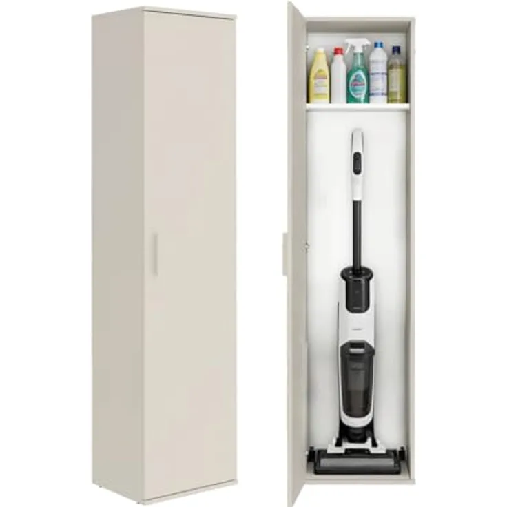 mokebo Mehrzweckschrank schmal kaschmir (42 cm) 'Der Kompakte' in Grau Beige, Haushaltsschrank mit 1 Tür & 3 verstellbaren Fachböden - 180 cm hoch - Universalschrank für Flur, Bad oder als Putzschrank