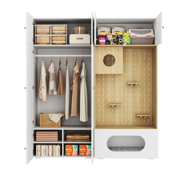 Kleiderschrank, Garderoben-Set Garderobe, Haustierschrank, 180 x 50 x 200 cm, mit 1 Kleiderstange, Katzenkletterwand und Haustierkissen, für Schlafzimmer, Wohnzimmer und Flur, Weiß+Holzoptik--Weiß, Holz--180x50x200cm--YOUDENOVA – Bild 9