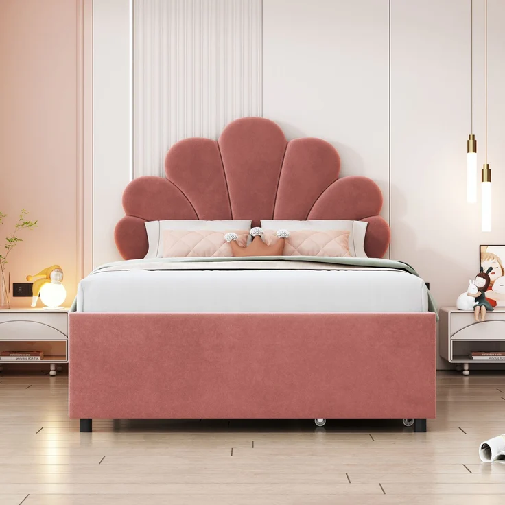 Polsterbett Kinderbett 90x200 cm, Bettrahmen mit geblümtem Kopfteil und Lattenrost, mit 2 Ablagefächern, Mädchenbett-Gästebett aus hautfreundlichem Samtstoff, Rosa – Bild 3