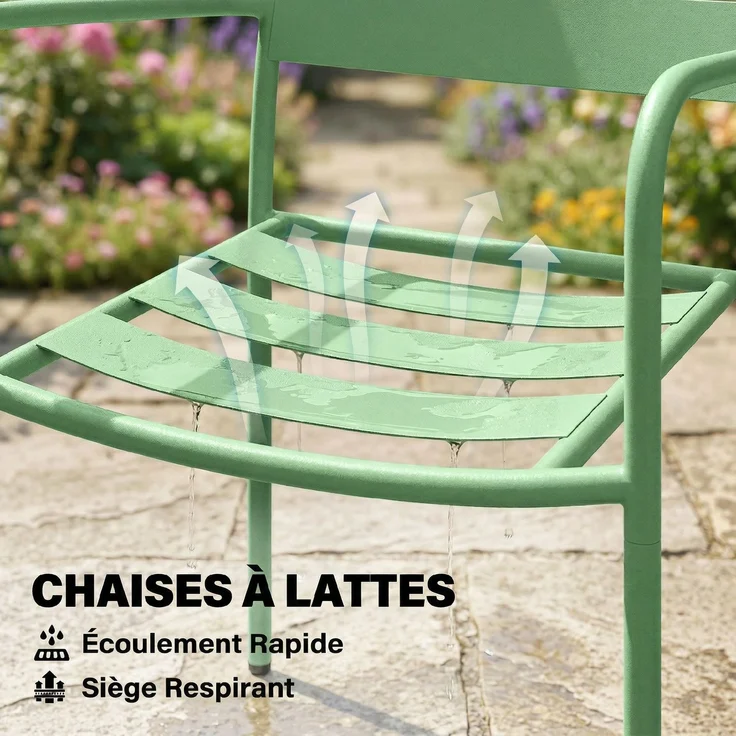3-teiliges Garten-Bistro-Set – Couchtisch aus Hartglas und 2 Stühle mit Lattenbeinen, Gestell aus verzinktem Stahl, grün – Bild 8