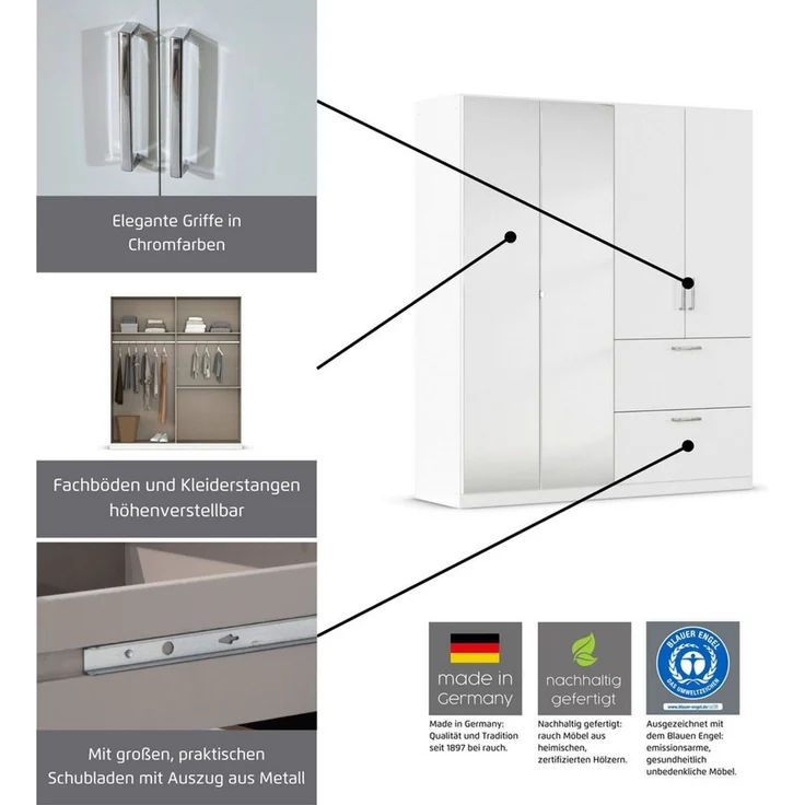 rauch Drehtürenschrank Kleiderschrank Schrank Garderobe Schlafzimmerschrank PADUA voll aufgelegte Spiegeltüren, zwei große Schubladen MADE IN GERMANY – Bild 3