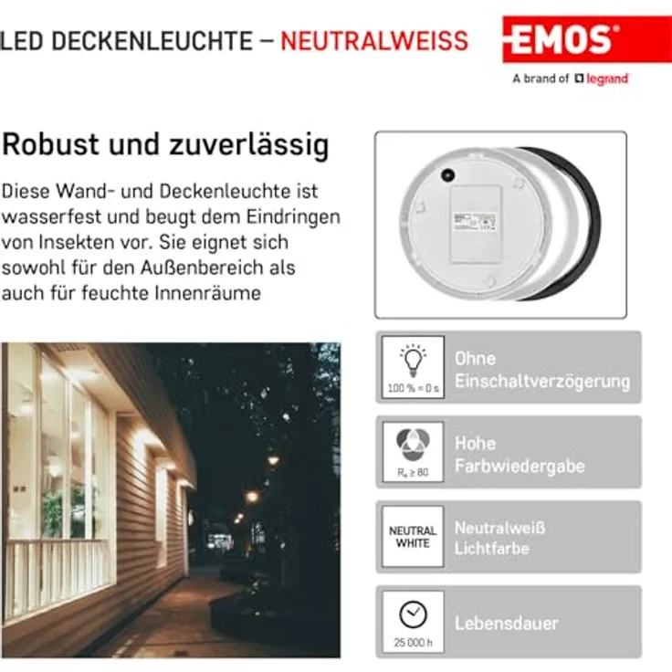 EMOS - LED-Wand-/Deckenleuchte, rund, austauschbarer Rahmen - wasserdicht - neutralweiß - 1100 lm - 14 W (statt 75W Glühbirne) - 25 000 Std. - Abstrahlwinkel 120° - für Außenbereich - Ø21,5 cm – Bild 4