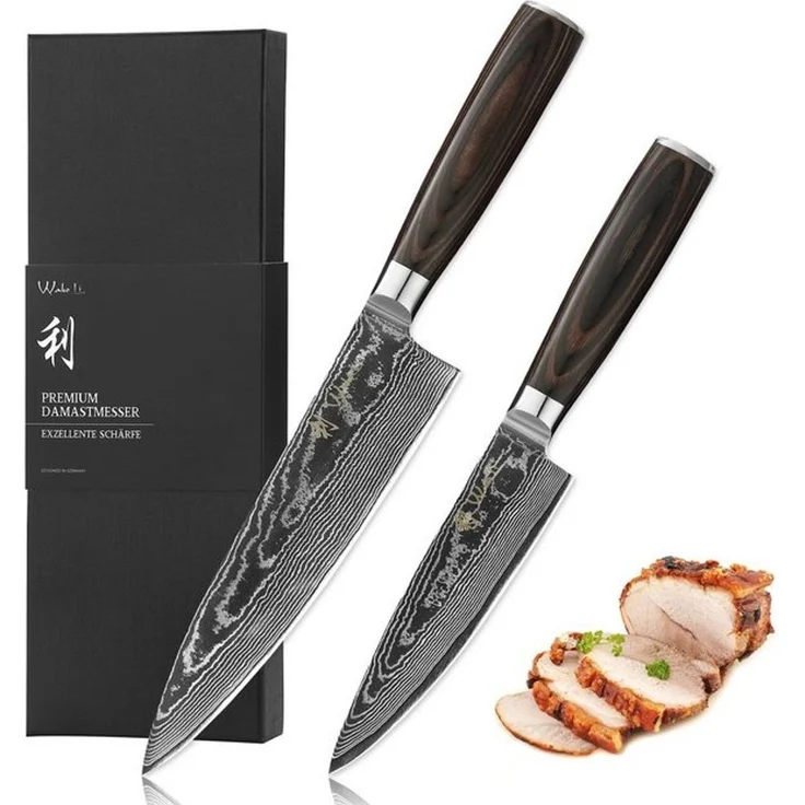 Wakoli Messer-Set EDIB Essentials 2er Set Damast Chefmesser I 13 und 20 cm I Pakkaholzgr (Damastmesser mit Geschenkbox, 2-tlg), 67 Lagen Damaststahl, VG-10 Stahlkern – Bild 4