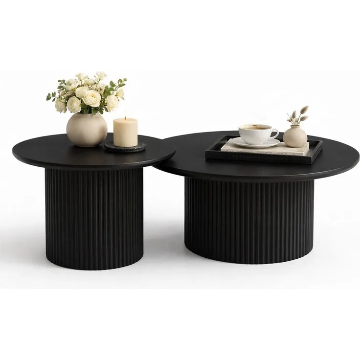 HOOZ Couchtisch Wohnzimmertisch rund 2er Set Trommel Gestell Schwarz 80 & 60 cm (Set, 2-St, 2× Satztisch), Sofatisch mit geriffeltem Gestell – stabil & pflegeleicht
