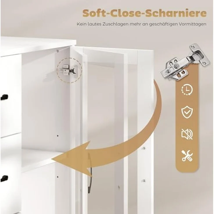 HOMCOM Sideboard mit 3 Schubladen, 2 Glastüren, verstellbaren Regalen (Modern Schubladenschrank, 1 St, Kommode), mit Soft-Close-Scharnieren, für Wohnzimmer Esszimmer Flur, Weiß – Bild 6