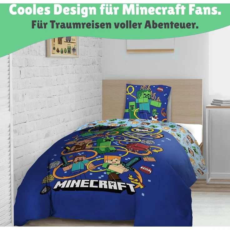 Minecraft Bettwäsche für Jungen 135x200 80x80 cm Motiv Creeper Creeps aus 100% Baumwolle – Bild 3