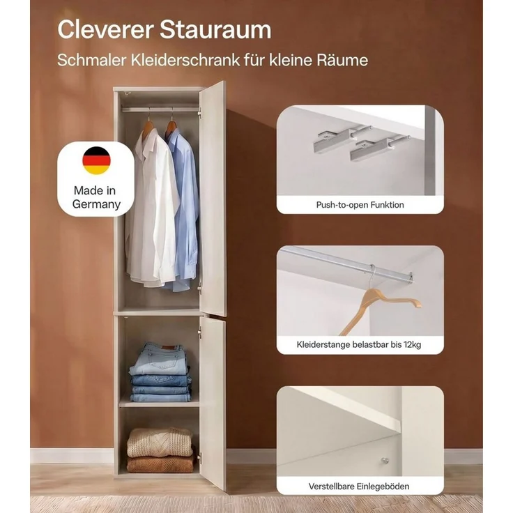 mokebo Kleiderschrank Beige 'Robe' Schrank Kaschmir Push-to-Open (47x197 cm) Made in Germany, Kleiderschrank grifflose Schubladen & Türen Beige – Bild 3