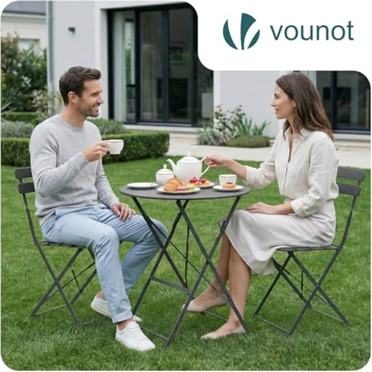 VOUNOT® Bistroset 3-teilig, Klappbar Bistrotisch mit 2 Stühlen, Metall Bistro Set Outdoor, Gartenmöbel Set, Sitzgruppe für Balkon, Terrasse, Garten & Wohnraum, UV- und wetterfest, Grau – Bild 2