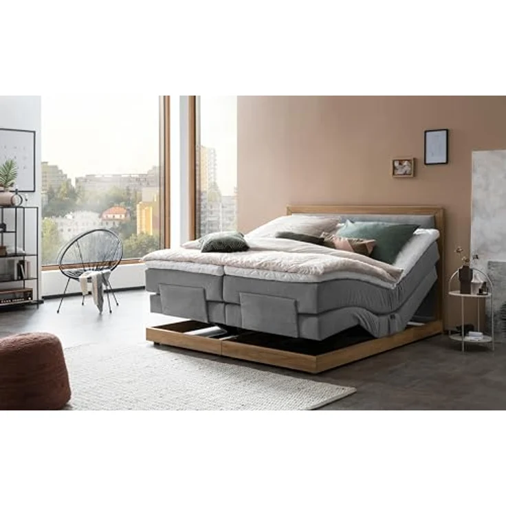 Belanoti Boxspringbett MODELA (Boxspringbett 180x200 elektrisch verstellbar Bett 180x200 mit Motor, 7-Zonen Taschenfederkern Matratze inklusive Visco Topper), in der Farbe Hellgrau H2/H3 Polsterbett Motorbett mit Eiche – Bild 4