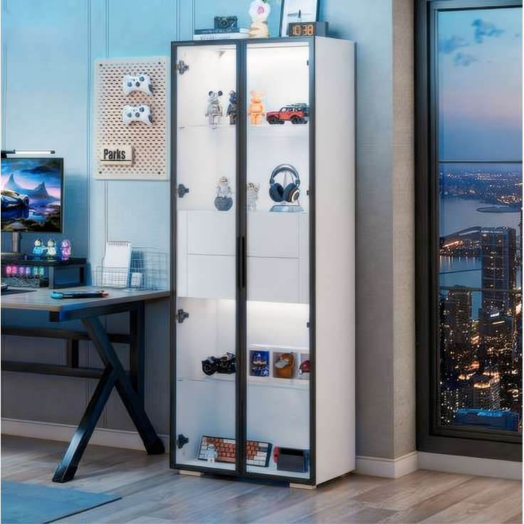 DESVIAE Vitrine mit LED-Beleuchtung und 2 Schubladen 60x160x40 cm MDF/Hartglas Weiß/Schwarz – Bild 2