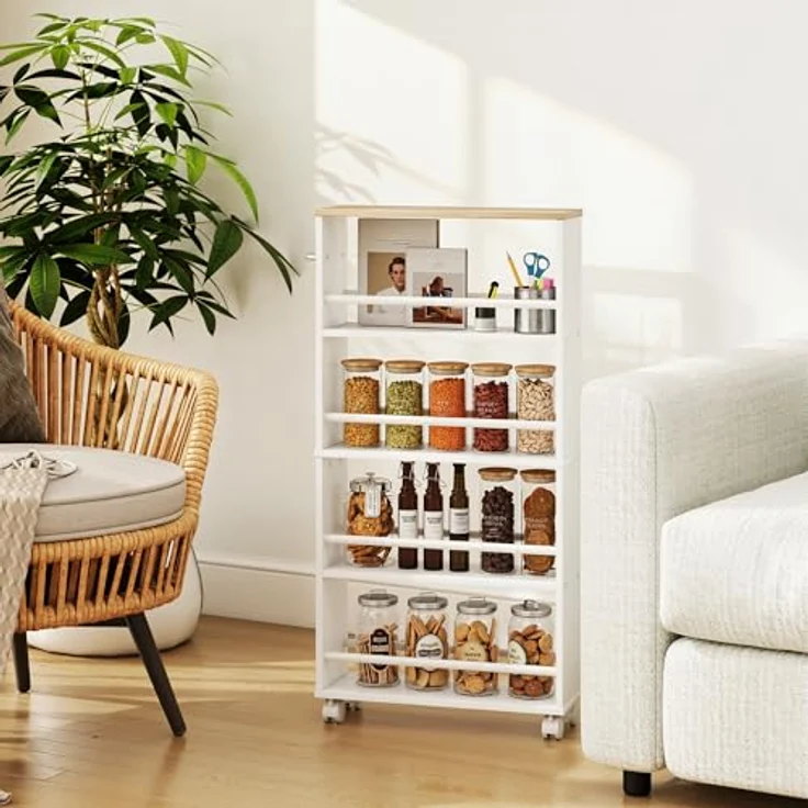 HOMCOM Servierwagen mit 4 Etagen Küchenwagen mit Rollen Griffe Allzweckwagen mit Bremsen schmal Küchenregal Küchenrollwagen für Küche Büro Badezimmer, Natur – Bild 6